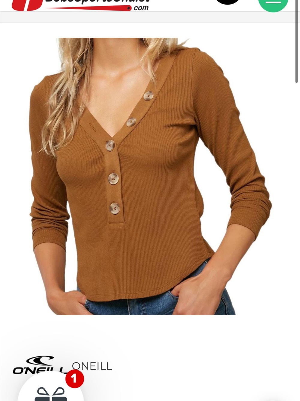 O'Neill Ribbed V-Neck Henley Long-Sleeve Top in Caramel Brown